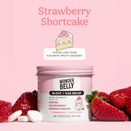 Wonderbelly Bloat + Gas Relief, Extra Strength Chewable Tablets, with 125 mg Simethicone, No Talc or Dye, Strawberry Shortcake, 42 Count