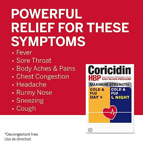 Coricidin HBP, Decongestant-Free Cold Symptom Relief for People with High Blood Pressure, Maximum Strength Cold & Flu Day + Night Liquid Gels, 24 Count