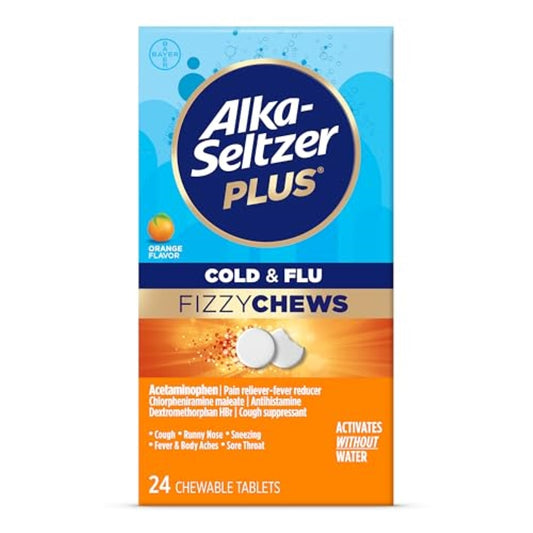 Alka-seltzer Plus Cold & Flu FizzyChews, No Water Needed, On The Go Cold Medicine for Adults, Orange Flavor, 24 Count