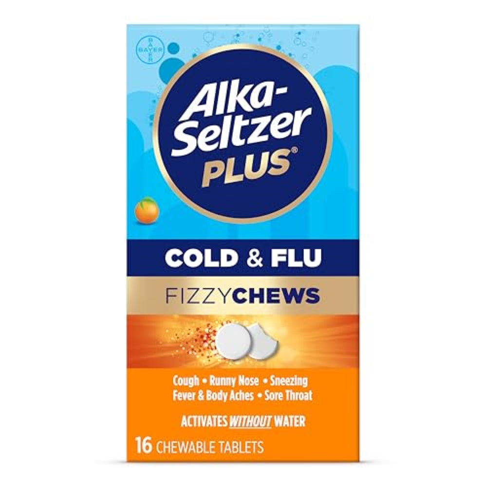 Alka-seltzer Plus Cold & Flu FizzyChews, No Water Needed, On The Go Cold Medicine for Adults, Orange Flavor, 16 Count