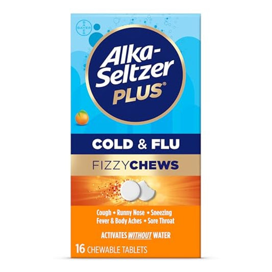 Alka-seltzer Plus Cold & Flu FizzyChews, No Water Needed, On The Go Cold Medicine for Adults, Orange Flavor, 16 Count