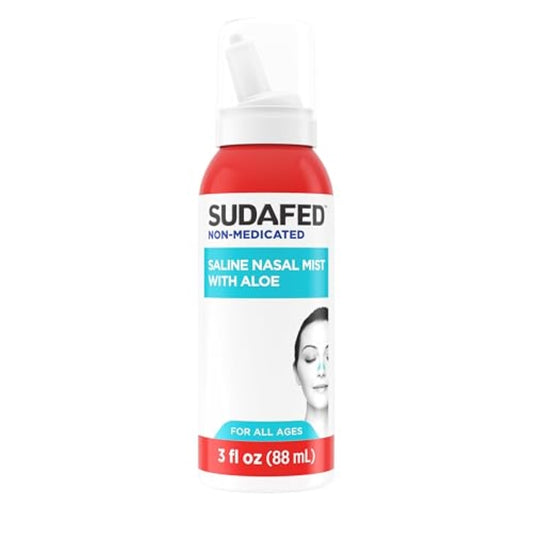 Sudafed Non-Medicated Saline Nasal Mist with Aloe, Sinus Saline Nose Spray for All Ages Quickly Flushes & Moisturizes Nasal Passages, Use Nasal Mist as Often As Needed, Drug-Free, 3 fl. oz