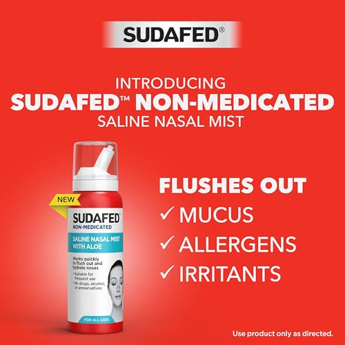 Sudafed Non-Medicated Saline Nasal Mist with Aloe, Sinus Saline Nose Spray for All Ages Quickly Flushes & Moisturizes Nasal Passages, Use Nasal Mist as Often As Needed, Drug-Free, 3 fl. oz