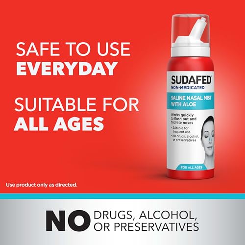 Sudafed Non-Medicated Saline Nasal Mist with Aloe, Sinus Saline Nose Spray for All Ages Quickly Flushes & Moisturizes Nasal Passages, Use Nasal Mist as Often As Needed, Drug-Free, 3 fl. oz