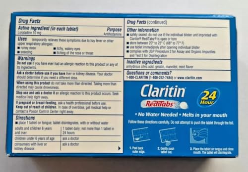 Claritin RediTabs 24 Hour Allergy Medicine, Non-Drowsy Prescription Strength Allergy Relief, Loratadine Antihistamine Tablets, 60 Count