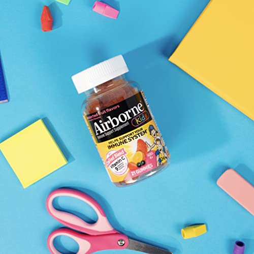 Airborne Vitamin C 500mg (per Serving) Kids Assorted Fruit Flavored Gummies (21 Count in a Bottle), Gluten-Free Immune Support Supplement with Vitamins A C E, Selenium, Echinacea & Ginger