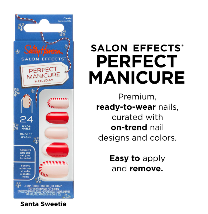 Sally Hansen Salon Effects® Perfect Manicure, Santa Sweetie, Press On Nails, Non-Damaging Adhesive Tabs, File, and Alcohol Pad Included
