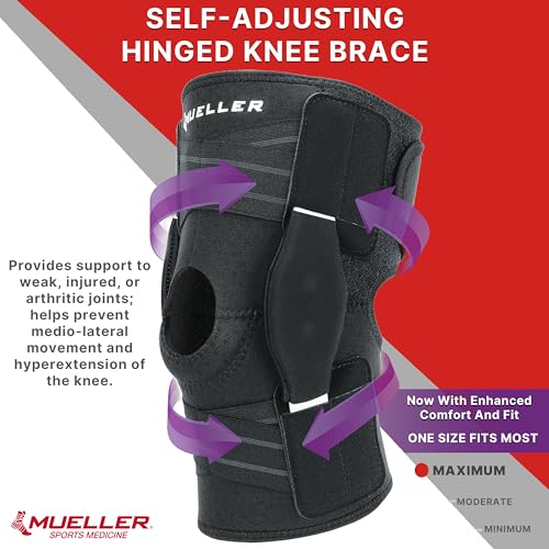 MUELLER Sports Medicine Self Adjusting Hinged Knee Brace for Men and Women, Knee Stabilizer for Compression and Pain Relief Support, Ideal for Arthritis, Sprains, Black, One Size