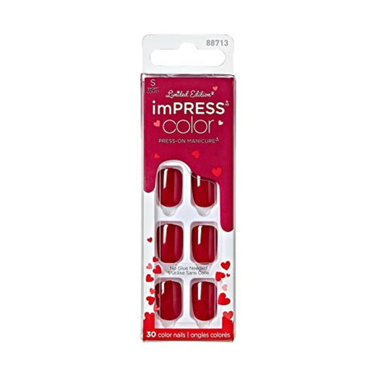 Impress Color Press-On Manicure Limited Edition Valentine Nails, ‘Stuck Together’, 30 Count, Red, Short, 3.0 Ounce