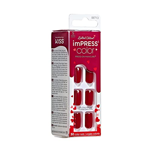 Impress Color Press-On Manicure Limited Edition Valentine Nails, ‘Stuck Together’, 30 Count, Red, Short, 3.0 Ounce
