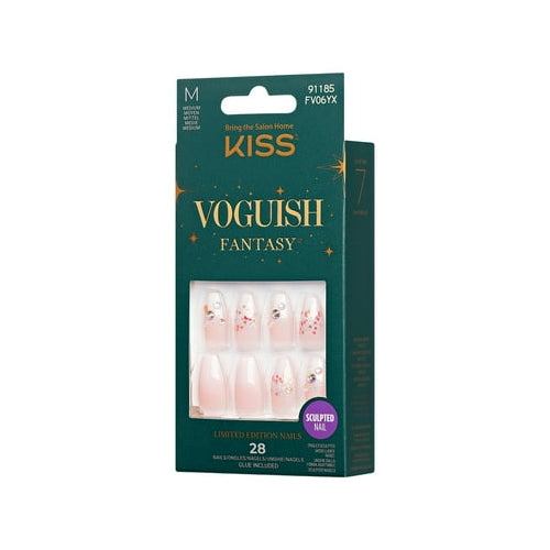 KISS Voguish Fantasy Holiday Press-On Nails, Warm Hugs, White, Medium Length, Almond Shaped, 28 Ct.