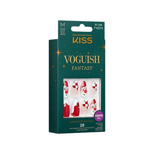 KISS Voguish Fantasy Holiday Press-On Nails, Melting, Red, Medium Length, Almond Shaped, 28 Ct.