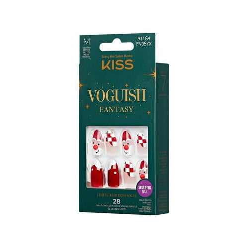 KISS Voguish Fantasy Holiday Press-On Nails, Melting, Red, Medium Length, Almond Shaped, 28 Ct.