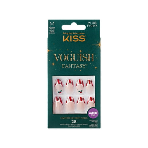 KISS Voguish Fantasy Holiday Press-on Nails, Sweater Time, Red, Medium Length, Coffin Shaped, 28 Count