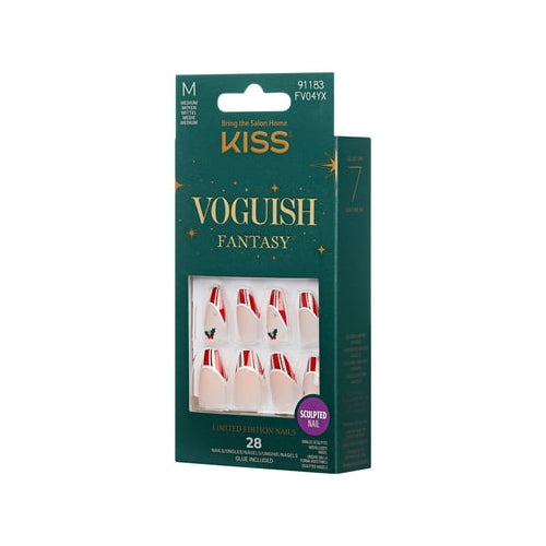 KISS Voguish Fantasy Holiday Press-on Nails, Sweater Time, Red, Medium Length, Coffin Shaped, 28 Count