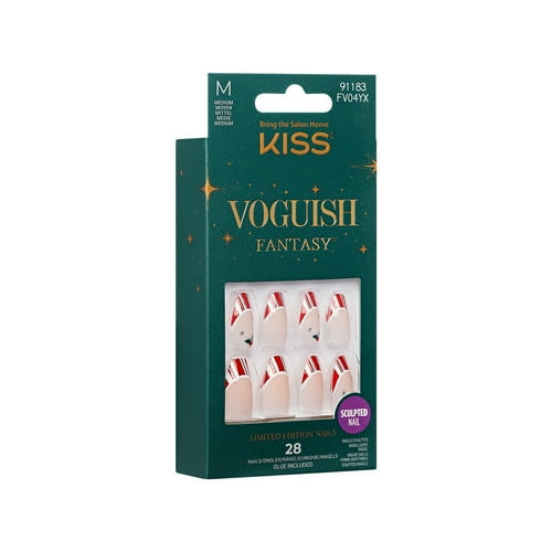 KISS Voguish Fantasy Holiday Press-on Nails, Sweater Time, Red, Medium Length, Coffin Shaped, 28 Count