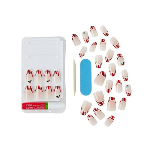 KISS Voguish Fantasy Holiday Press-on Nails, Sweater Time, Red, Medium Length, Coffin Shaped, 28 Count