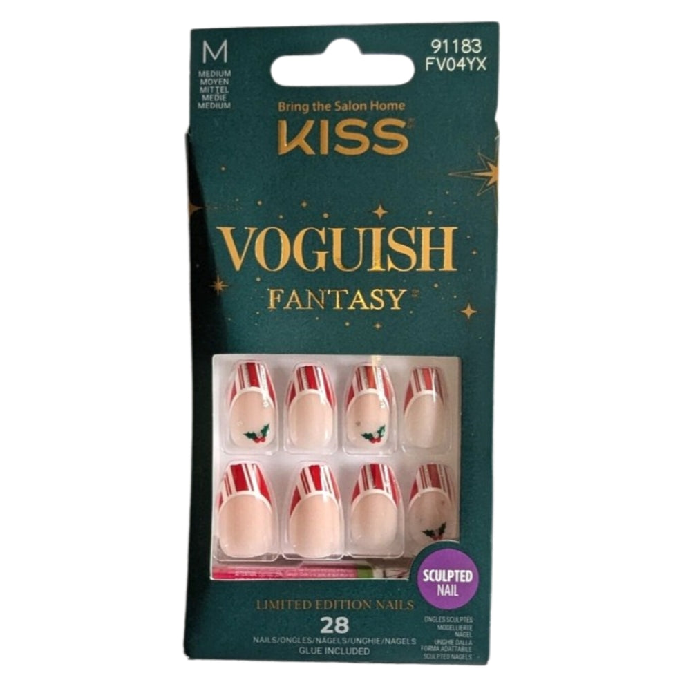 KISS Voguish Fantasy Holiday Press-on Nails, Sweater Time, Red, Medium Length, Coffin Shaped, 28 Count