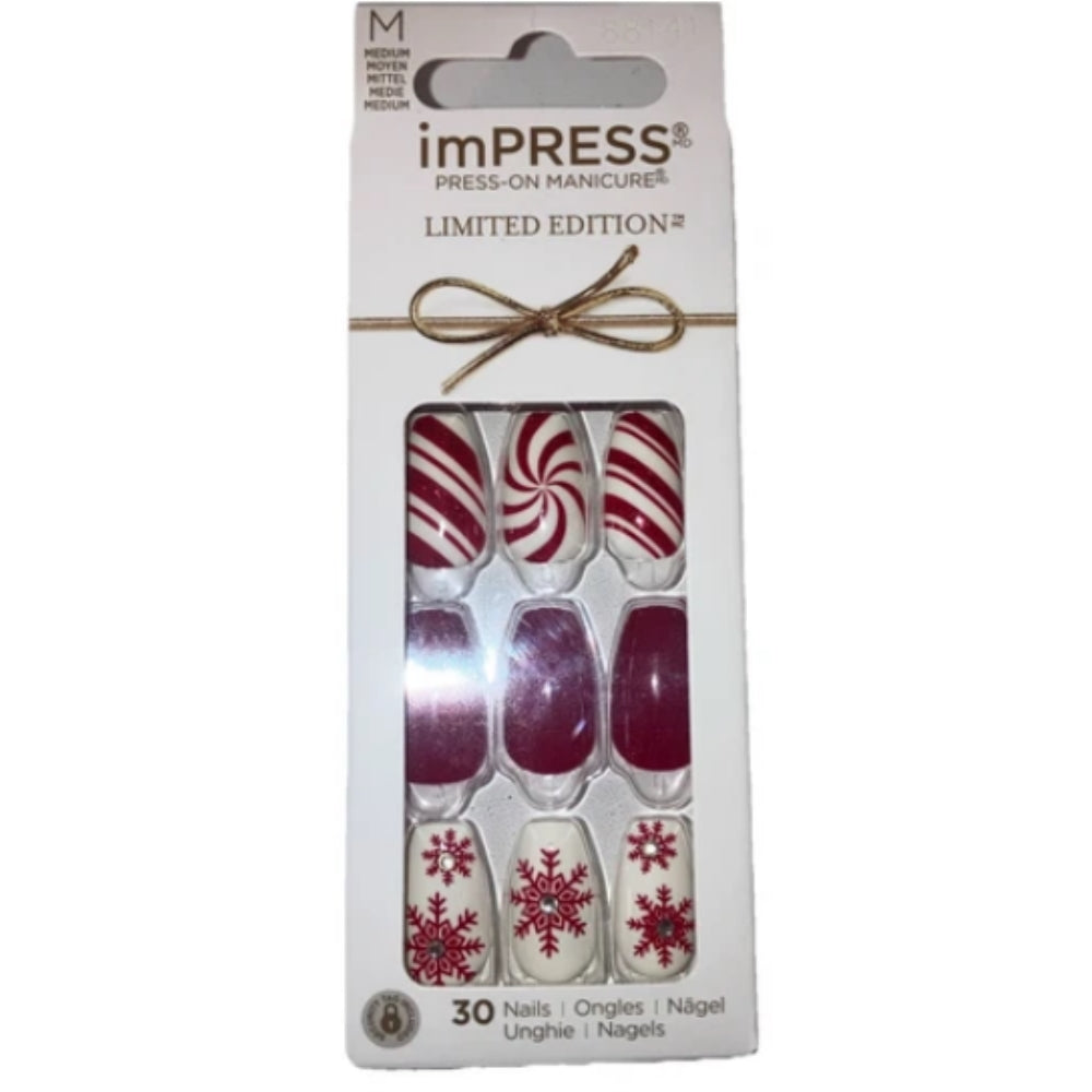 KISS imPRESS Limited Edition Holiday Press-On Manicure with PureFit Technology, Medium Length, Coffin Shaped, Red Press-On Nails, Style 'Tis the Season’