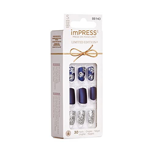 KISS imPRESS Limited Edition Holiday Press-On Manicure with PureFit Technology, Short Length, Square Shaped, Blue Press-On Nails, Style 'Feeling Pine’