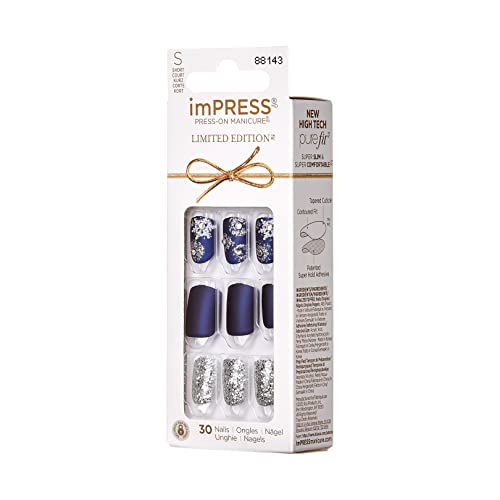 KISS imPRESS Limited Edition Holiday Press-On Manicure with PureFit Technology, Short Length, Square Shaped, Blue Press-On Nails, Style 'Feeling Pine’
