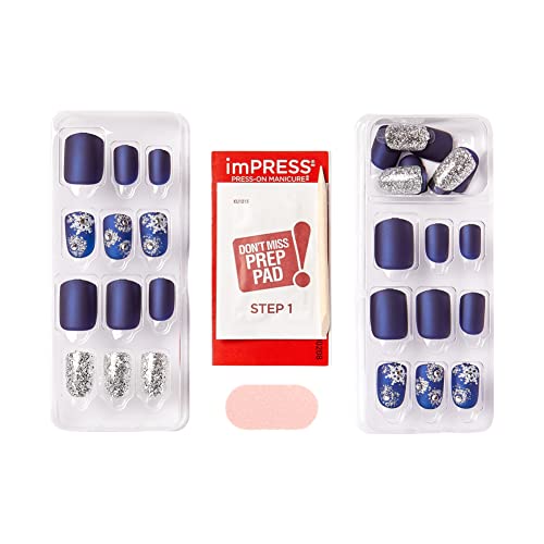 KISS imPRESS Limited Edition Holiday Press-On Manicure with PureFit Technology, Short Length, Square Shaped, Blue Press-On Nails, Style 'Feeling Pine’