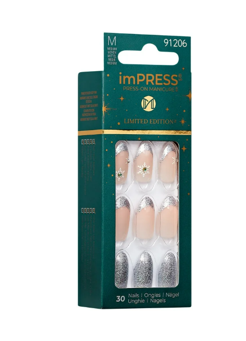 imPRESS Holiday Press-On Nails, Greatest Gift, Gray, Medium Length, Almond Shape, 30 Ct.