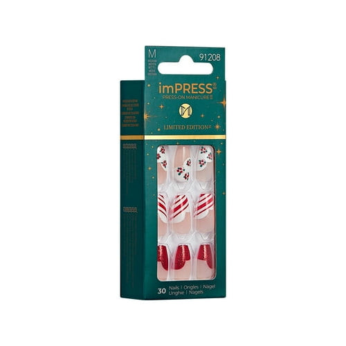 imPRESS Holiday Press-On Nails, Heartfelt, White, Medium Length, Coffin Shape, 30 Ct.