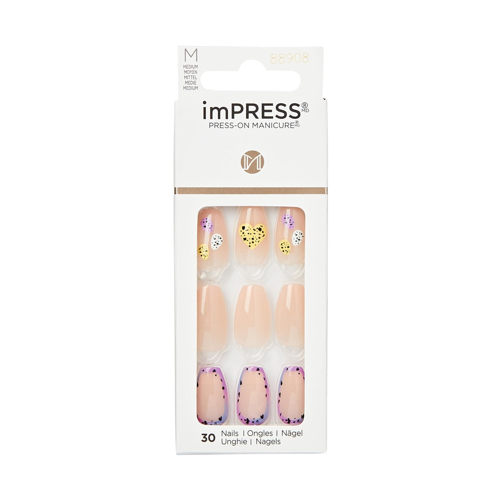 KISS imPRESS No Glue Mani 30 Pcs Press On Nails, Light Neutral, Heart Design Nail, Medium Size, Coffin Shape, Simple Peel & Press Easy Apply, Hassel-Free Removal, Essential Tools Included