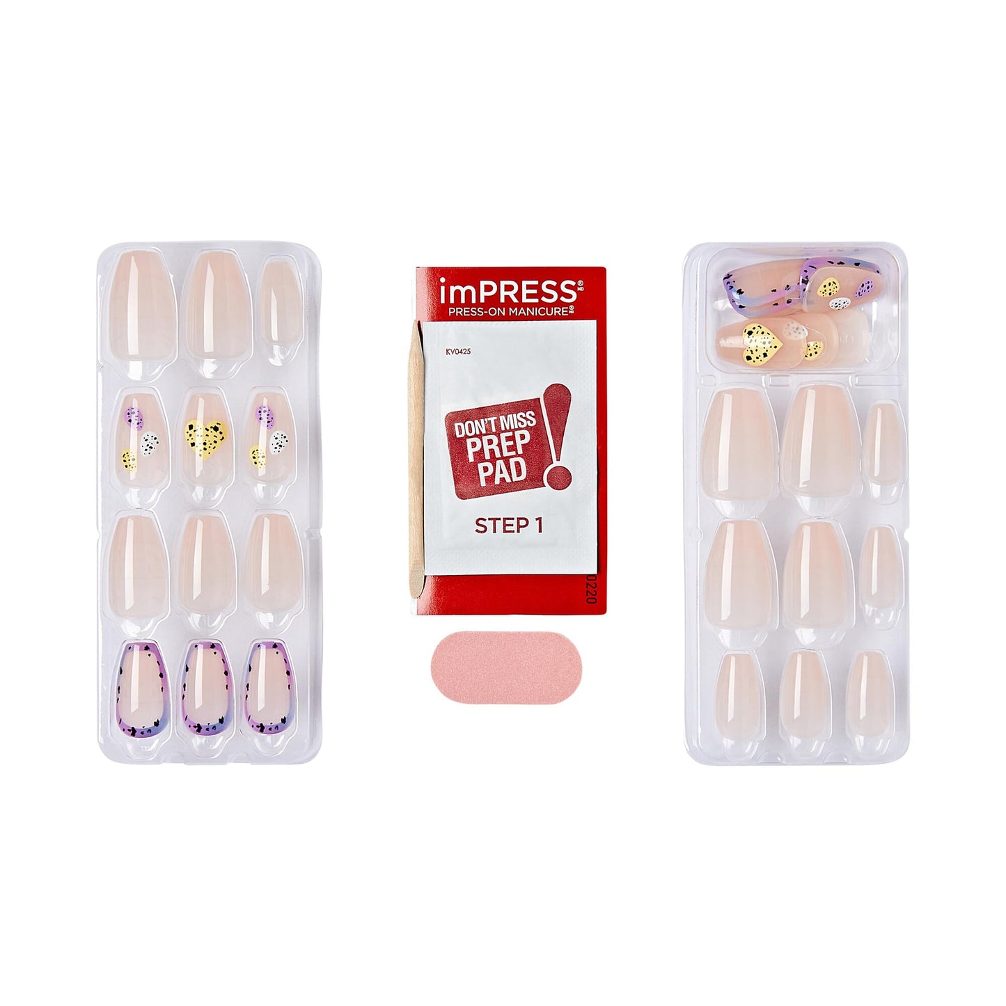 KISS imPRESS No Glue Mani 30 Pcs Press On Nails, Light Neutral, Heart Design Nail, Medium Size, Coffin Shape, Simple Peel & Press Easy Apply, Hassel-Free Removal, Essential Tools Included