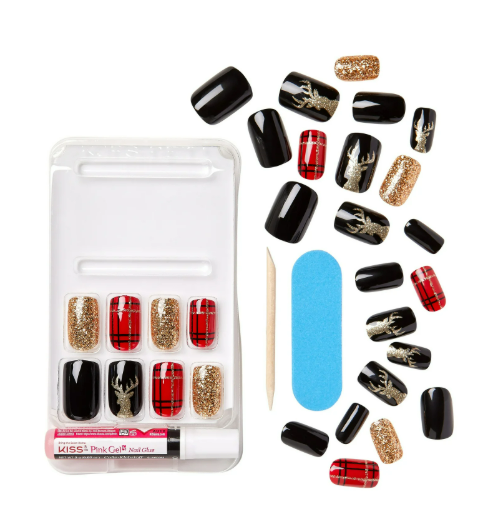 KISS Special Design Limited Edition Medium Square Holiday Fake Nails, Multi, 28 Pieces