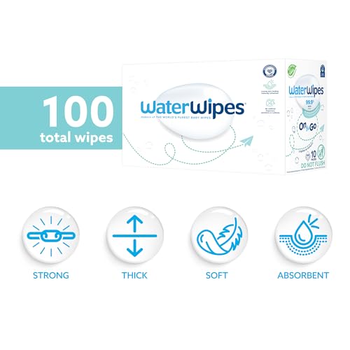 WaterWipes On The Go Wipes, 99.9% Water-Based Wipes for Travel, Sports, and to Refresh Skin, Unscented & Hypoallergenic, 100 Count (10 Packs), Packaging May Vary