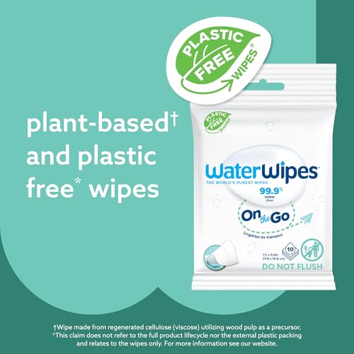 WaterWipes On The Go Wipes, 99.9% Water-Based Wipes for Travel, Sports, and to Refresh Skin, Unscented & Hypoallergenic, 100 Count (10 Packs), Packaging May Vary