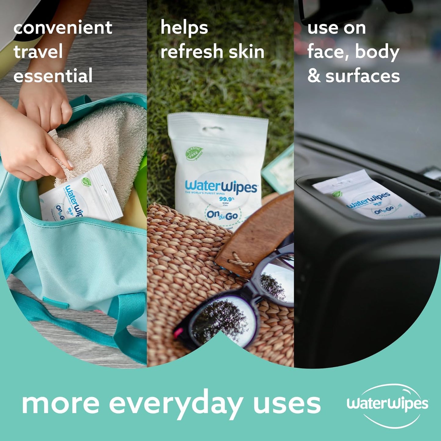 WaterWipes On The Go Wipes, 99.9% Water-Based Wipes for Travel, Sports, and to Refresh Skin, Unscented & Hypoallergenic, 100 Count (10 Packs), Packaging May Vary