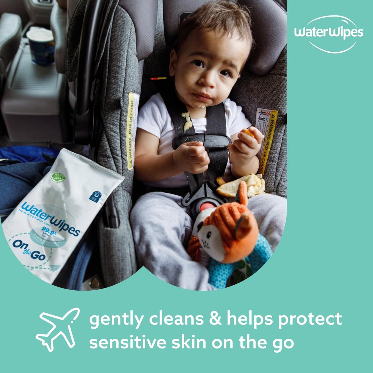 WaterWipes On The Go Wipes, 99.9% Water-Based Wipes for Travel, Sports, and to Refresh Skin, Unscented & Hypoallergenic, 100 Count (10 Packs), Packaging May Vary