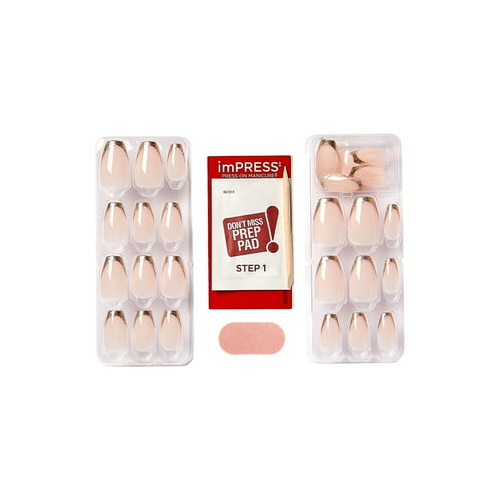 KISS imPRESS 'Playback' Press-On Nails, Gold, Medium Length, Coffin Shape, 30 Ct.