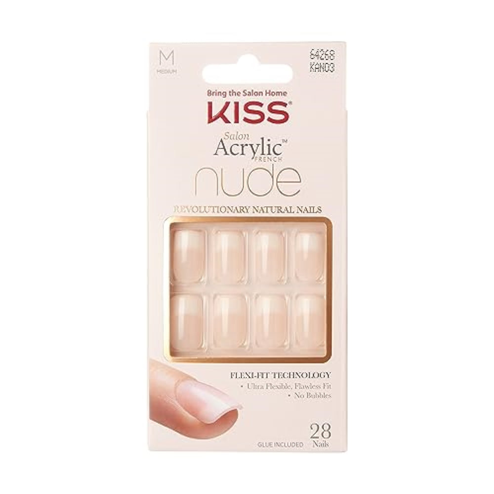 KISS Salon Acrylic Press On Nails, Nail glue included, 'Cashmere', French, Medium Size, Squoval Shape, Includes 28 Nails, 2g Glue, 1 Manicure Stick, 1 Mini file
