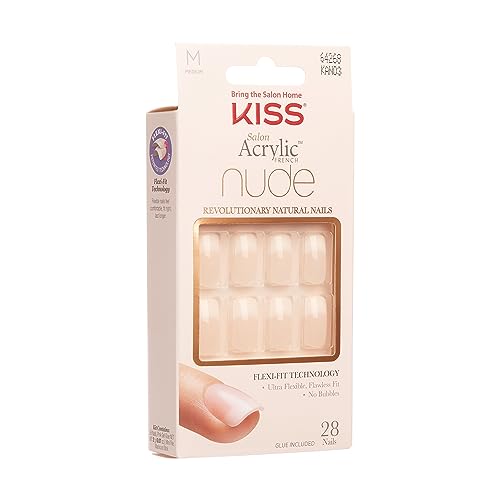 KISS Salon Acrylic Press On Nails, Nail glue included, 'Cashmere', French, Medium Size, Squoval Shape, Includes 28 Nails, 2g Glue, 1 Manicure Stick, 1 Mini file