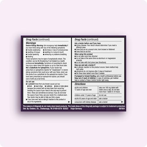 Allegra Hives Antihistamine 24-Hour Tablets, Non-Drowsy Hive Reduction and Hive Itch Relief, 180 mg Fexofenadine HCI, 30-Count