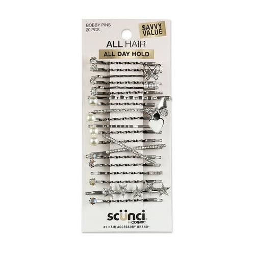 Scunci Pearl and Crystal Embellishment Bobby Pins, Silver, 20 Count