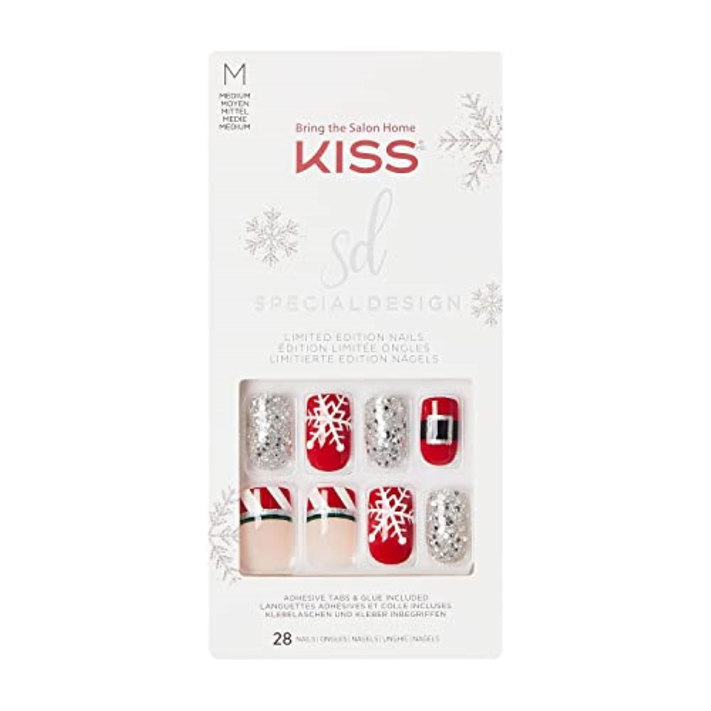 KISS Special Design Limited Edition Holiday Fake Nails, Style ‘Season's Must-Haves’, Multi-Colored Medium Square, with 24 Adhesive Tabs, Nail Glue, Mini File, Manicure Stick & 28 False Nails