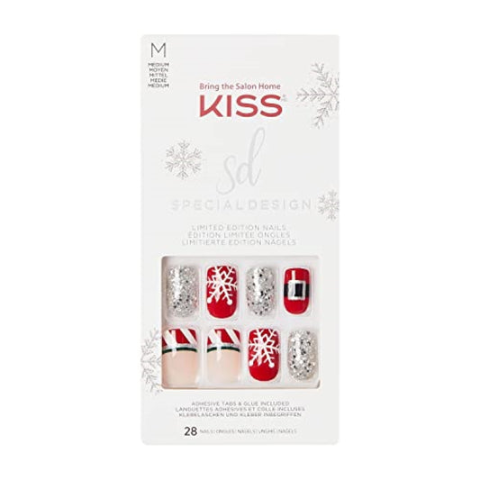 KISS Special Design Limited Edition Holiday Fake Nails, Style ‘Season's Must-Haves’, Multi-Colored Medium Square, with 24 Adhesive Tabs, Nail Glue, Mini File, Manicure Stick & 28 False Nails