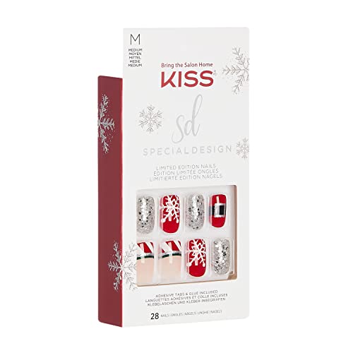 KISS Special Design Limited Edition Holiday Fake Nails, Style ‘Season's Must-Haves’, Multi-Colored Medium Square, with 24 Adhesive Tabs, Nail Glue, Mini File, Manicure Stick & 28 False Nails