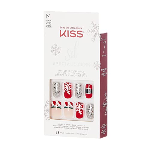 KISS Special Design Limited Edition Holiday Fake Nails, Style ‘Season's Must-Haves’, Multi-Colored Medium Square, with 24 Adhesive Tabs, Nail Glue, Mini File, Manicure Stick & 28 False Nails