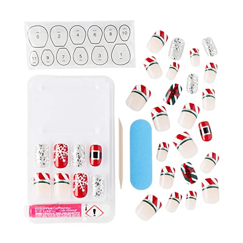 KISS Special Design Limited Edition Holiday Fake Nails, Style ‘Season's Must-Haves’, Multi-Colored Medium Square, with 24 Adhesive Tabs, Nail Glue, Mini File, Manicure Stick & 28 False Nails