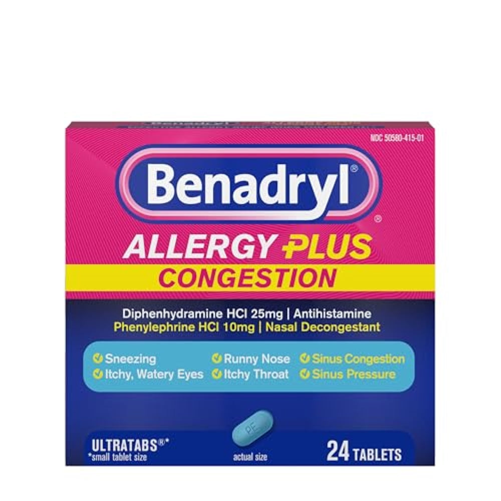 Benadryl Allergy Plus Congestion Ultratabs, Medicine with Diphenhydramine HCl Antihistamine & Phenylephrine HCl Nasal Decongestant, Allergy & Sinus Congestion Relief Tablets, 24 ct