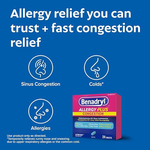 Benadryl Allergy Plus Congestion Ultratabs, Medicine with Diphenhydramine HCl Antihistamine & Phenylephrine HCl Nasal Decongestant, Allergy & Sinus Congestion Relief Tablets, 24 ct