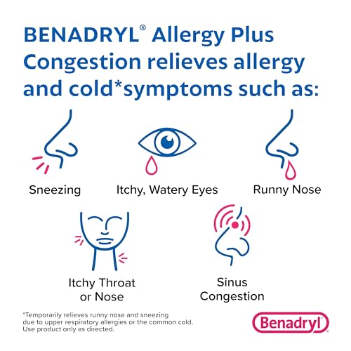 Benadryl Allergy Plus Congestion Ultratabs, Medicine with Diphenhydramine HCl Antihistamine & Phenylephrine HCl Nasal Decongestant, Allergy & Sinus Congestion Relief Tablets, 24 ct