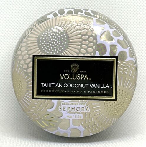 Voluspa Tahitian Coconut Vanilla Candle | Mini Tin | 4 Oz. | 25 Hour Burn Time | Vegan | Coconut Wax and Natural Wicks for a Cleaner Burn