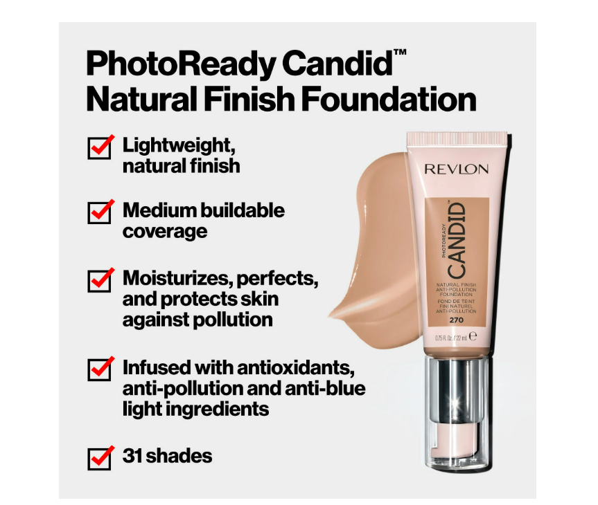 Revlon PhotoReady Candid Natural Finish Foundation, with Anti-Pollution, Antioxidant, Anti-Blue Light Ingredients, 530 Pecan, 0.75 fl. oz.